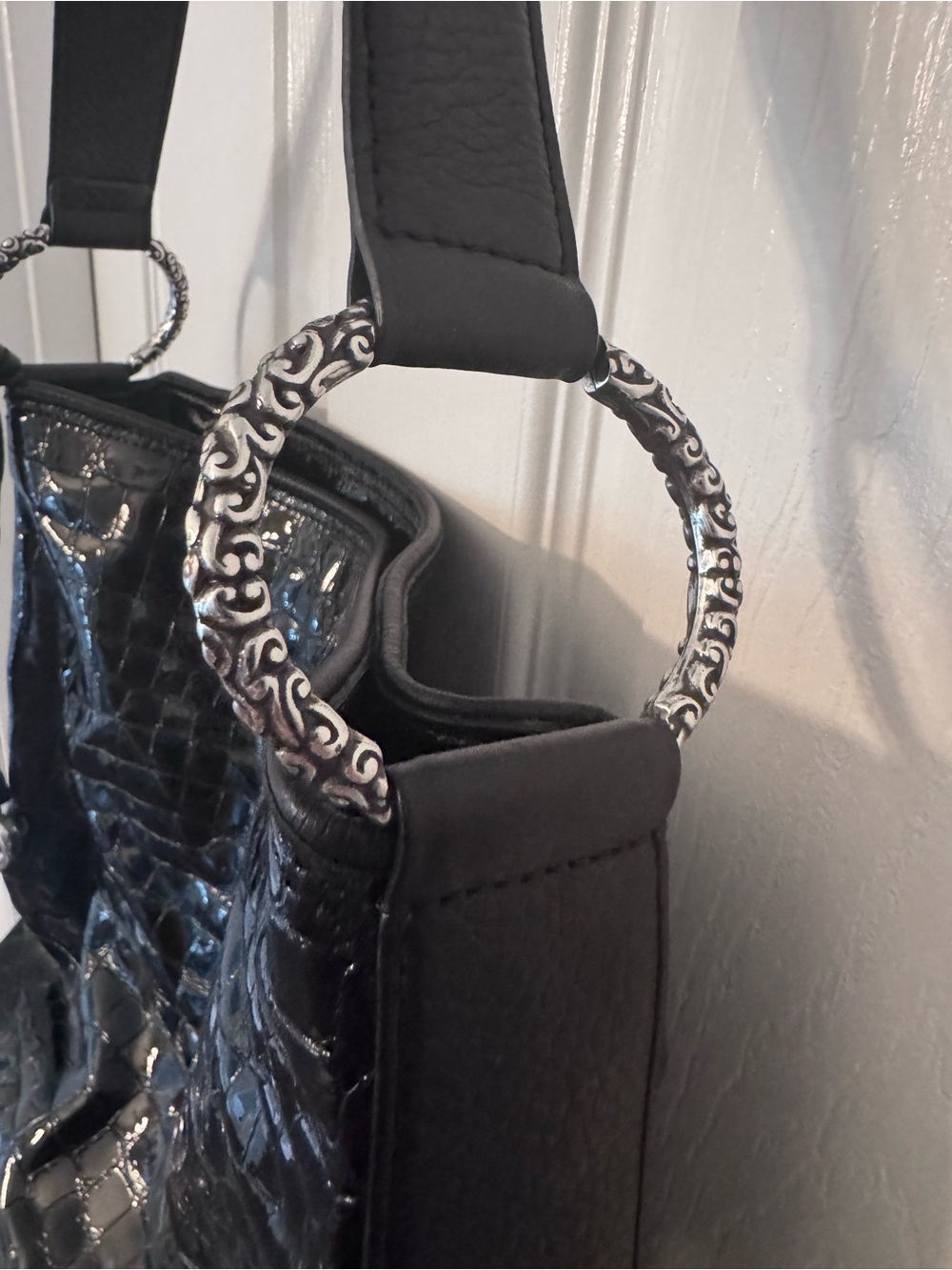 Black Patent Croc-Embossed Shoulder Bag - Picture 4 of 9